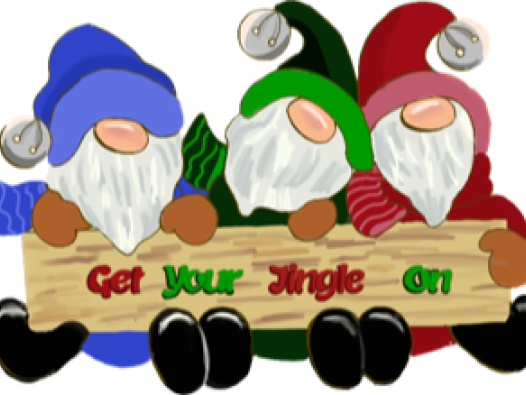 blueish purple gnome, green gnome, red gnome all holding a sign that says "Get Your Jingle on"