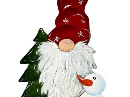 painted wood cut out gnome with a red hat and red pants, a snowman is hugging the gnome and has a white body, black buttons, brown stick arm, and orange carrot nose. There is a bright green tree beside the gnome as well.